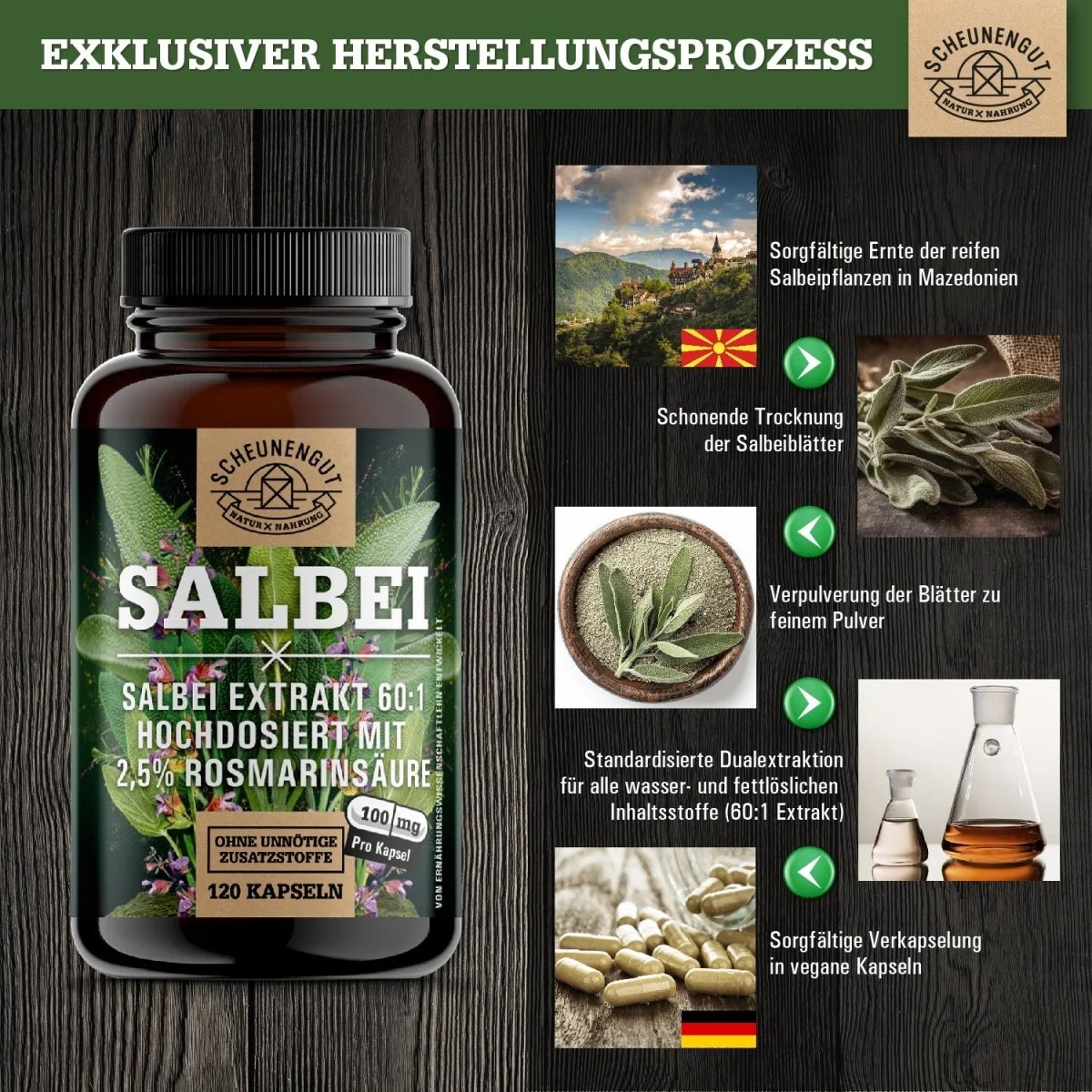Exklusiver 60:1 Extrakt aus mazedonischen Salbei - Blättern - mindestens 2,5% Rosmarinsäure Scheunengut - Shop