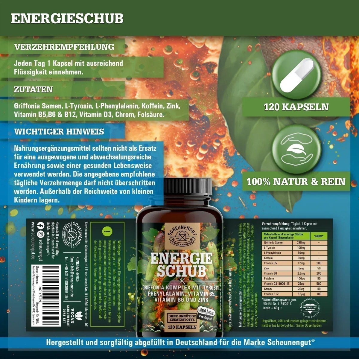 Griffonia Komplex mit natürlichem Koffein, L - Tyrosin, L - Phenylalanin, Vitaminen & Spurenelementen Scheunengut - Shop