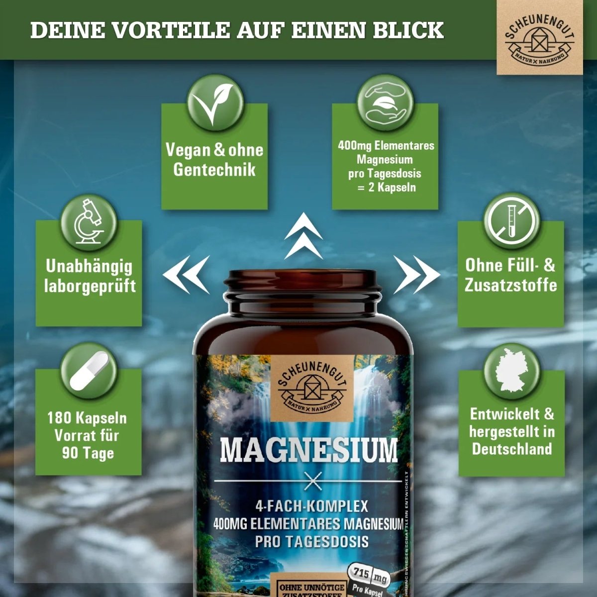 Komplex aus 4 bioaktiven Magnesiumquellen - 400mg elementares Magnesium pro Tag Scheunengut - Shop