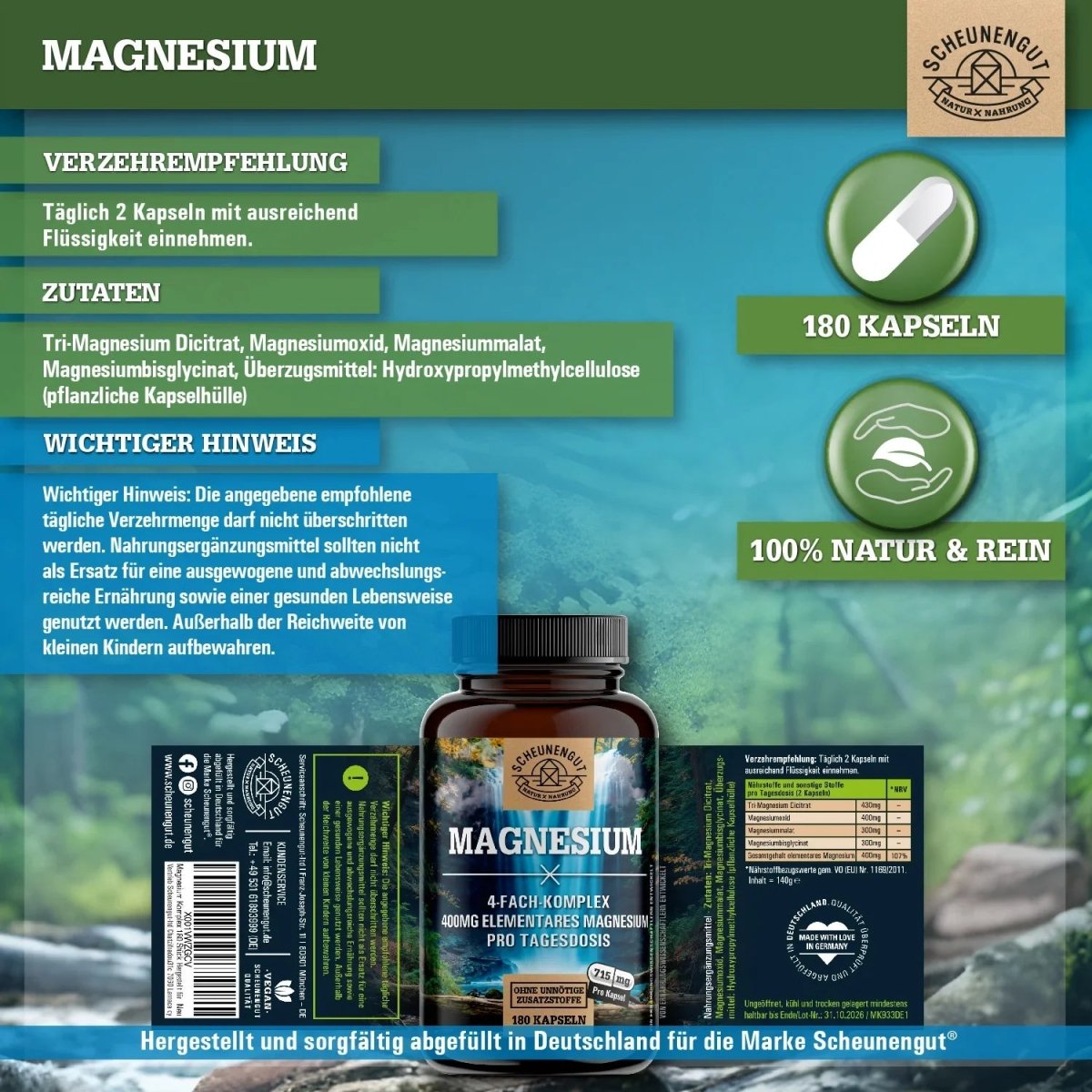 Komplex aus 4 bioaktiven Magnesiumquellen - 400mg elementares Magnesium pro Tag Scheunengut - Shop