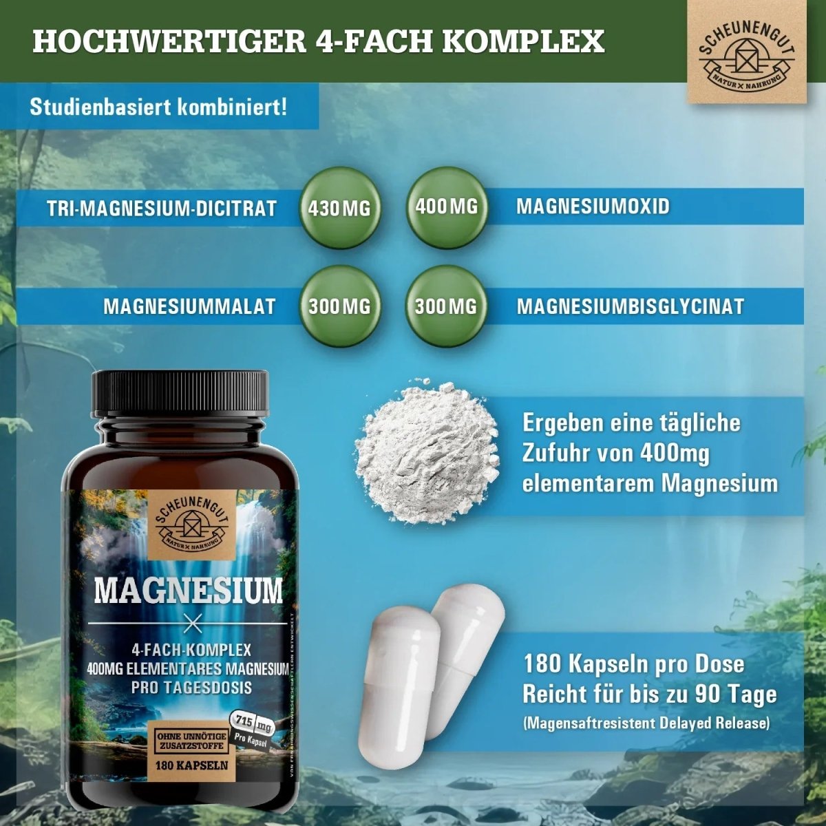 Komplex aus 4 bioaktiven Magnesiumquellen - 400mg elementares Magnesium pro Tag