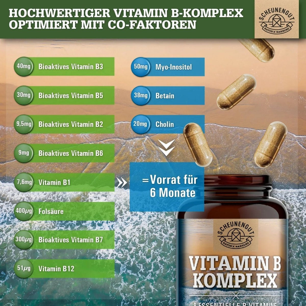 Komplex aus allen 8 B - Vitaminen (bioaktiv) + 3 Co - Faktoren Myo - Inositiol, Betain und Cholin Scheunengut - Shop