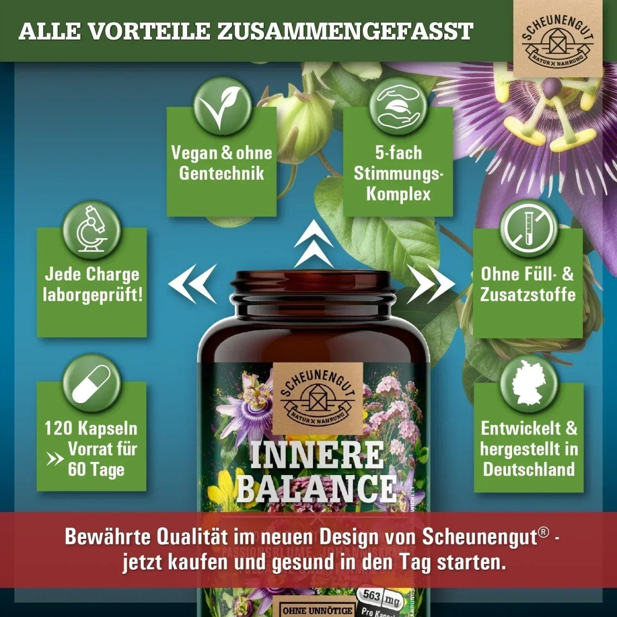 Komplex mit Johanniskraut, Baldrian, Passionsblume, Folsäure und Vitamin B12 Scheunengut - Shop
