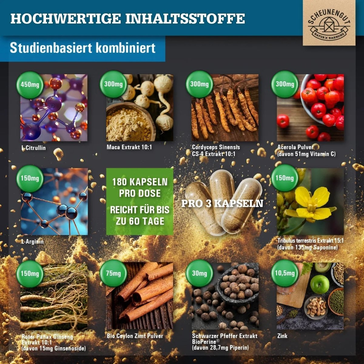 Maca Komplex optimiert mit Tribulus, Ginseng, Cordyceps, L - Arginin und L - Citrullin Scheunengut - Shop