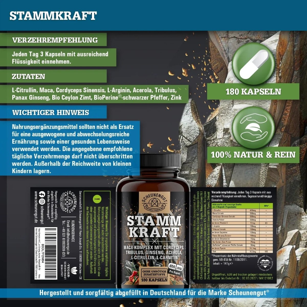 Maca Komplex optimiert mit Tribulus, Ginseng, Cordyceps, L - Arginin und L - Citrullin Scheunengut - Shop