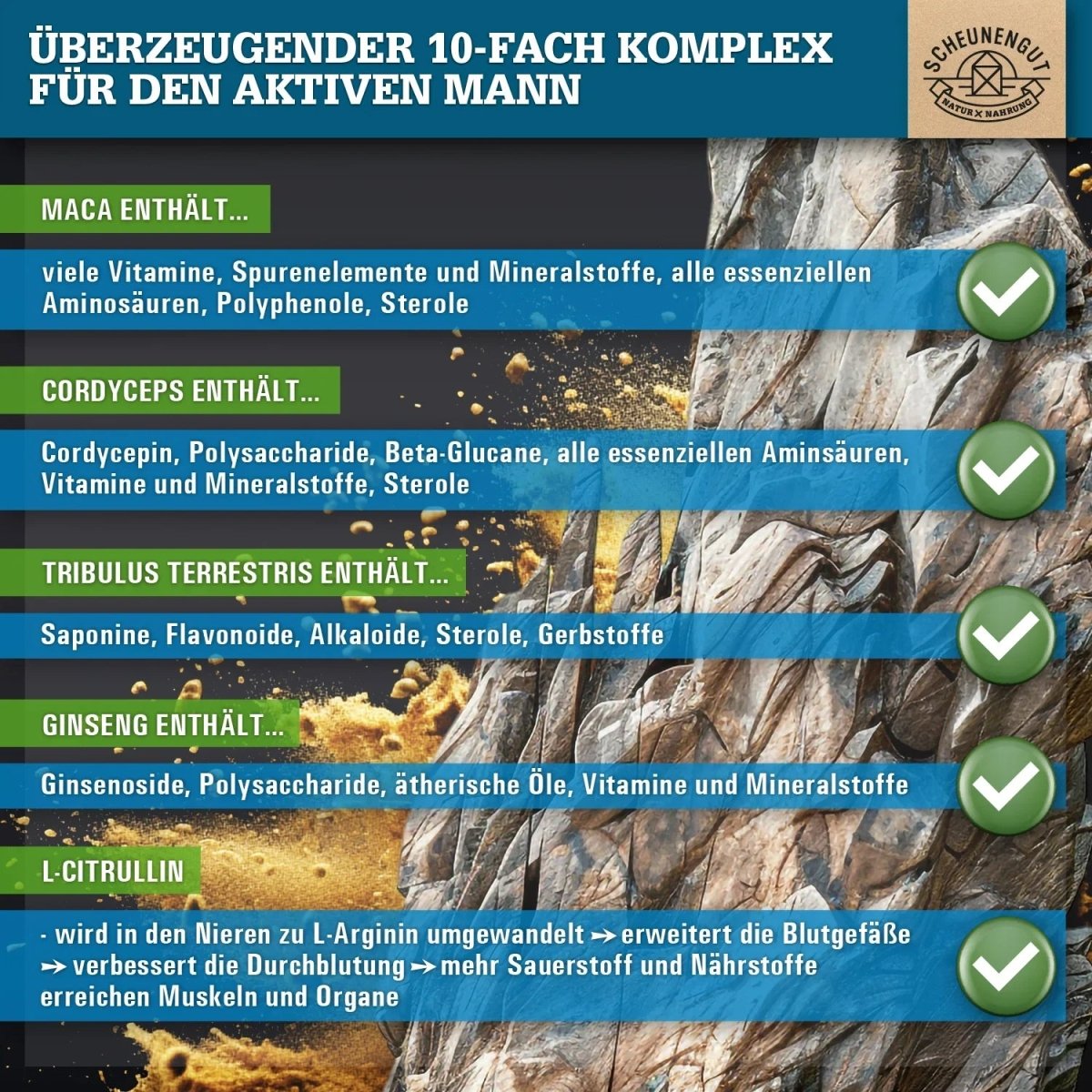 Maca Komplex optimiert mit Tribulus, Ginseng, Cordyceps, L - Arginin und L - Citrullin Scheunengut - Shop