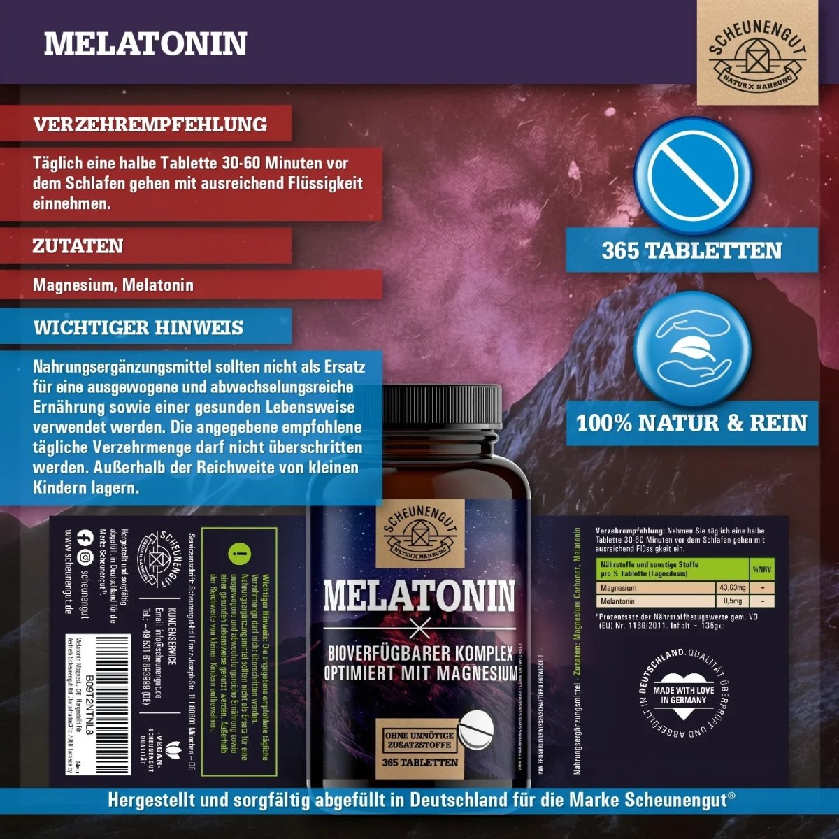 Melatonin Schlafkomplex 1mg pro Tablette optimiert mit Magnesium Scheunengut - Shop