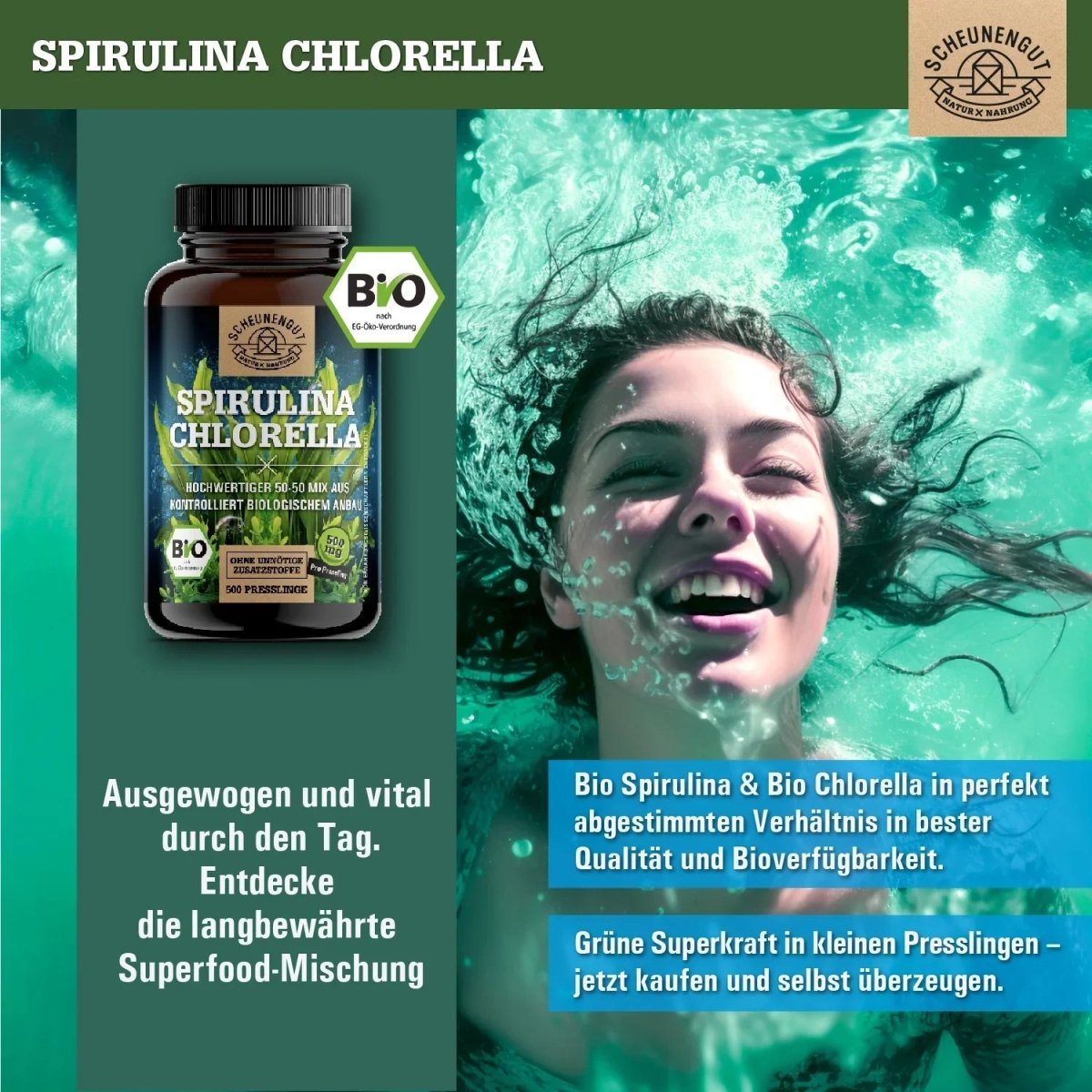 Spirulina Chlorella Presslinge in ausgezeichneter Bio - Qualität Scheunengut - Shop