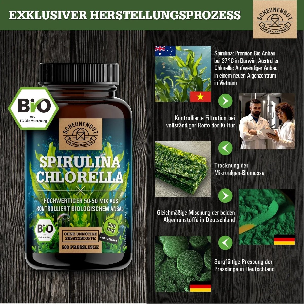 Spirulina Chlorella Presslinge in ausgezeichneter Bio - Qualität Scheunengut - Shop