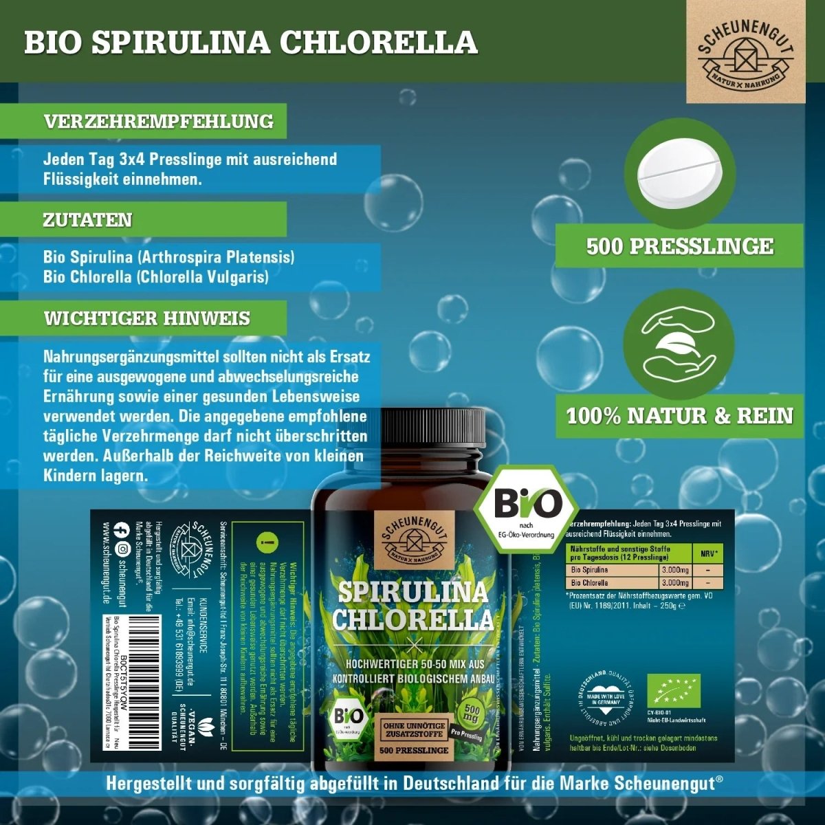 Spirulina Chlorella Presslinge in ausgezeichneter Bio - Qualität Scheunengut - Shop