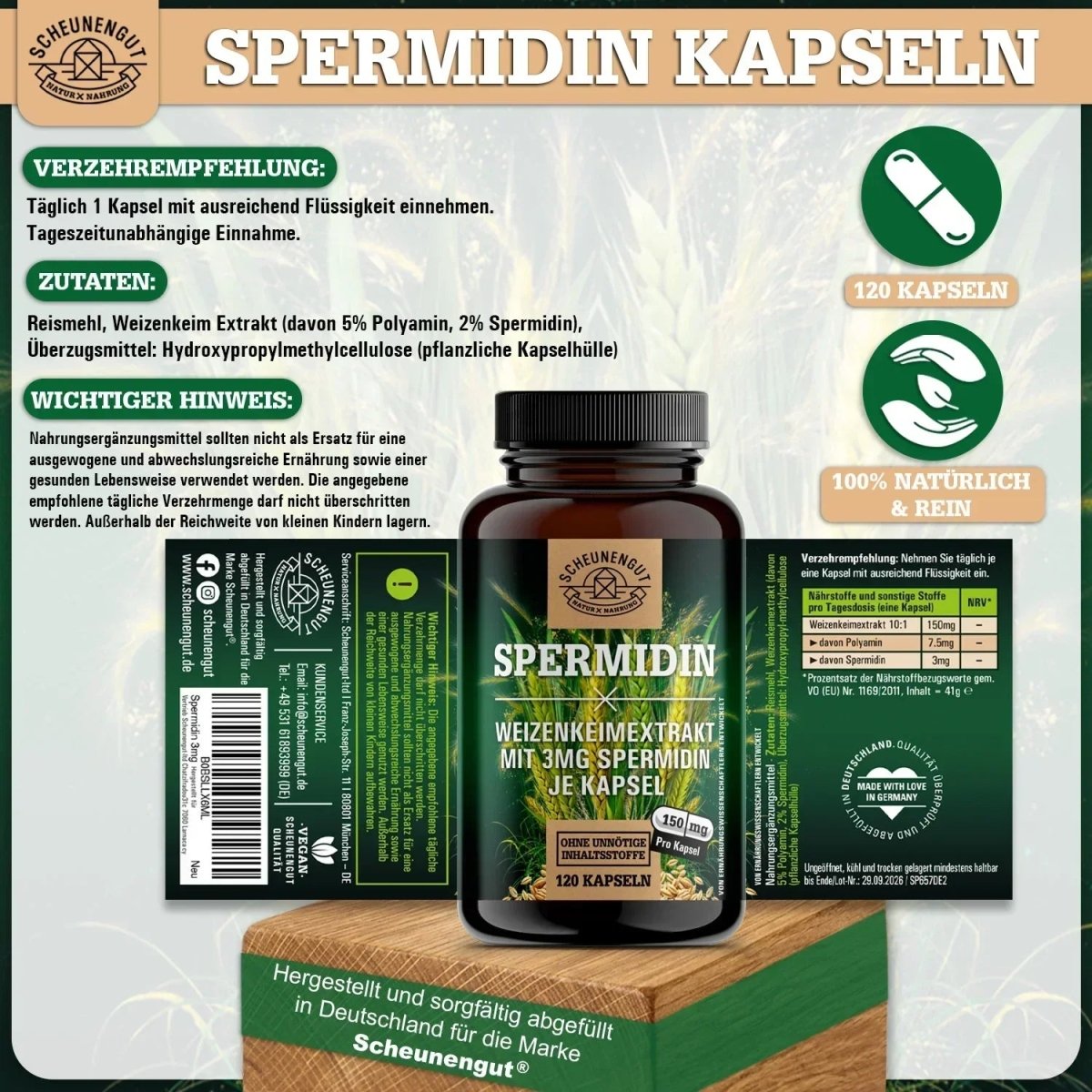 Weizenkeim Extrakt mit 3mg Spermidin je Kapsel und 5% Polyamin Scheunengut - Shop