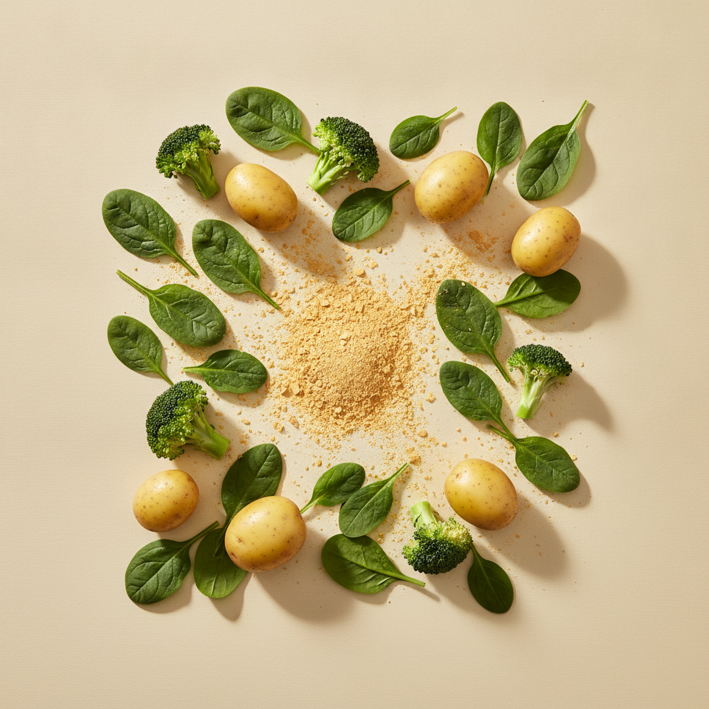 Rohstoffe: spinach leaves, broccoli florets, potatoes, nutritional yeast flakes