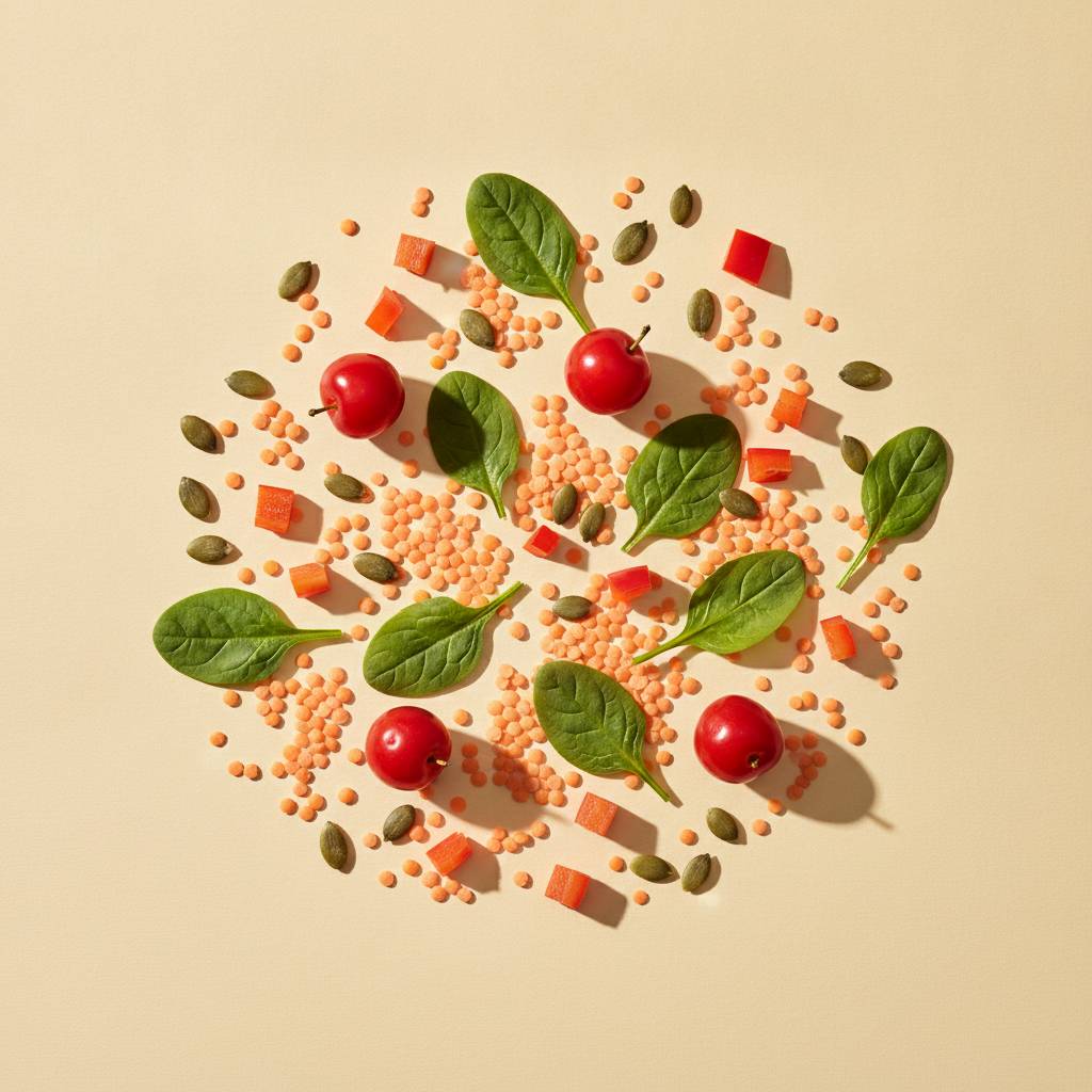 Rohstoffe: red lentils, spinach leaves, acerola cherries, red bell pepper