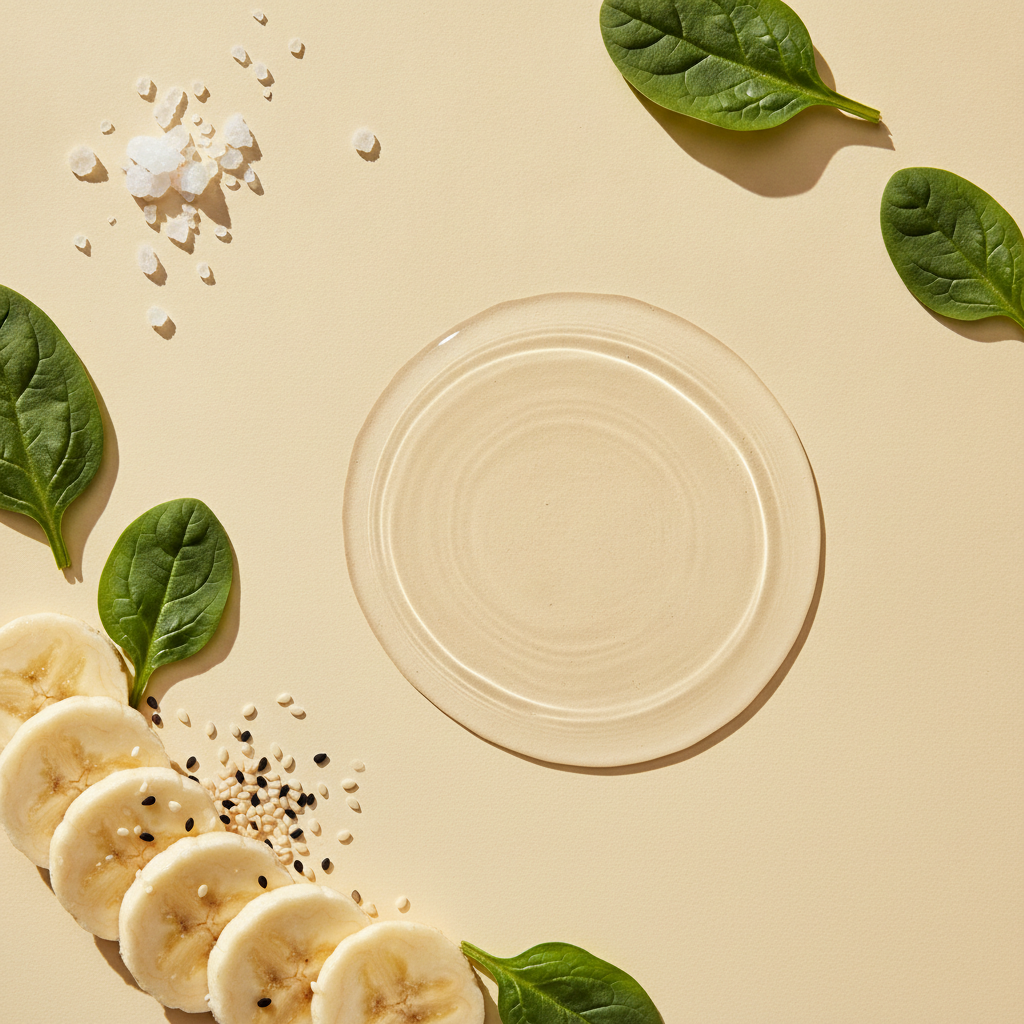 Rohstoffe: natural mineral salt crystals, coconut water, banana slices, spinach leaves