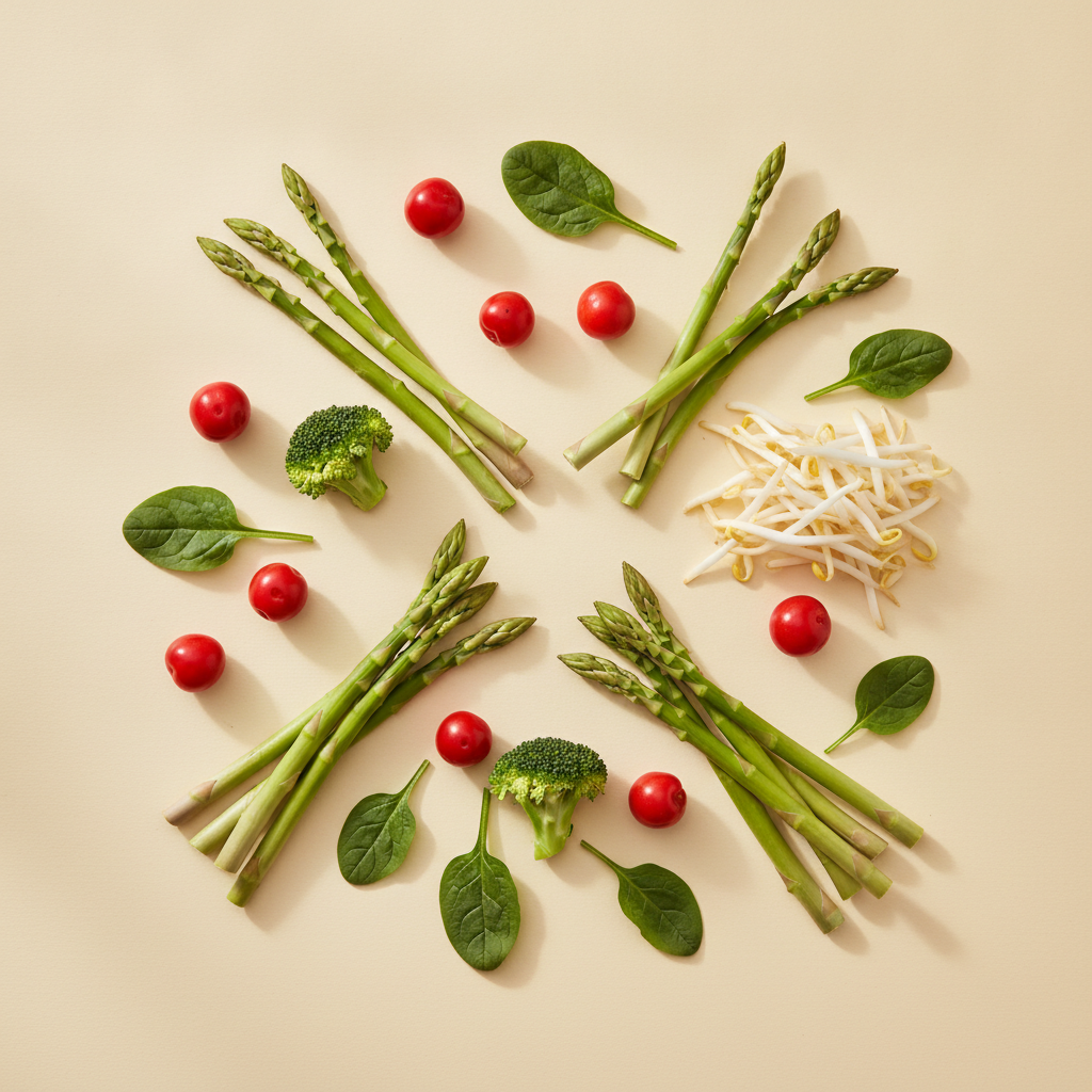 Rohstoffe: asparagus, mung bean sprouts, broccoli, acerola cherries