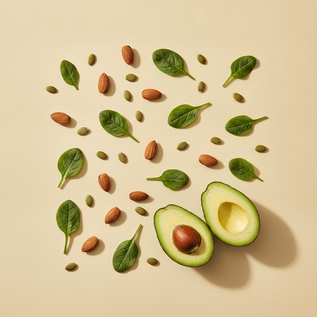 Rohstoffe: pumpkin seeds, spinach leaves, almonds, avocado