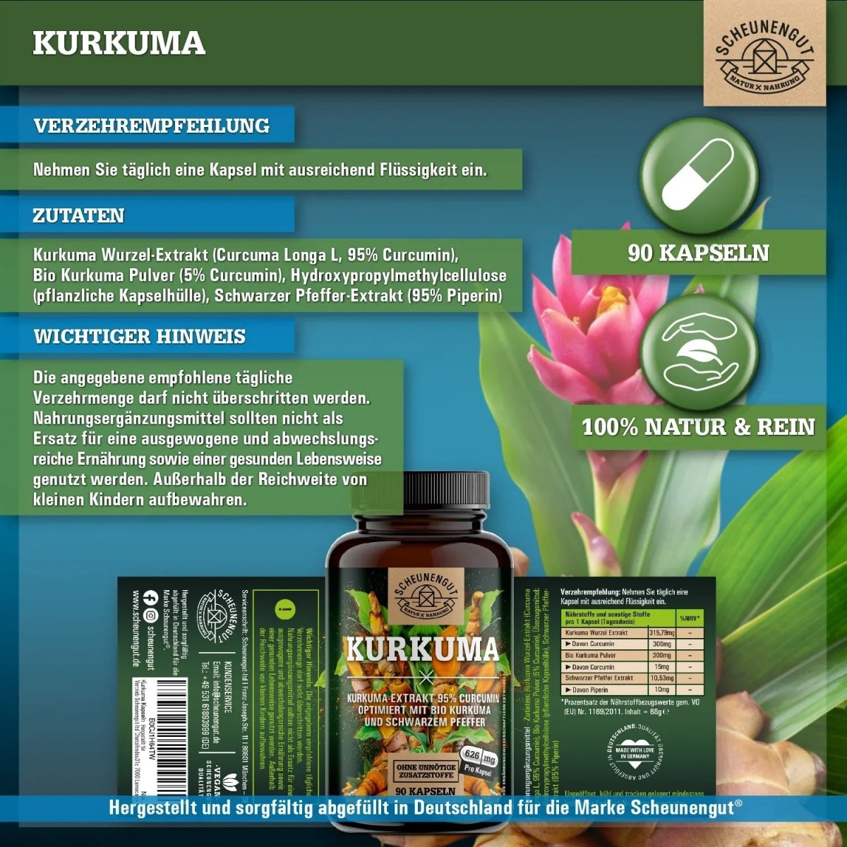 Komplex mit 95% Curcumin, Bio Kurkuma Pulver & Piperin Scheunengut - Shop