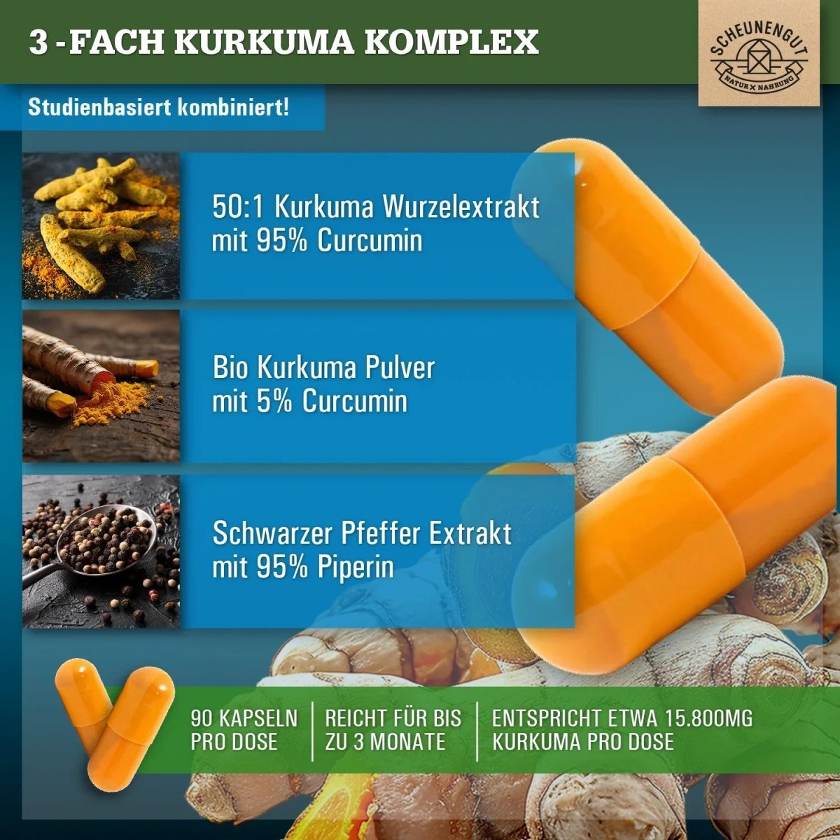 Komplex mit 95% Curcumin, Bio Kurkuma Pulver & Piperin Scheunengut - Shop