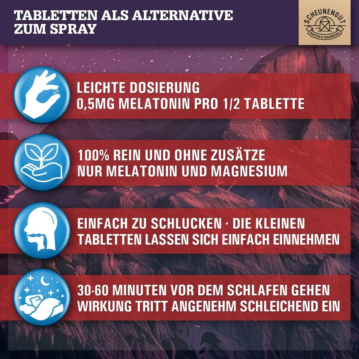 Melatonin Schlafkomplex 1mg pro Tablette optimiert mit Magnesium Scheunengut - Shop